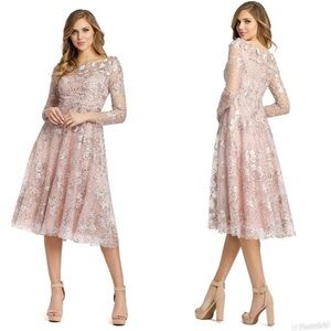 Mac Duggal Long Sleeve Floral Embroidered Tea Length Dress